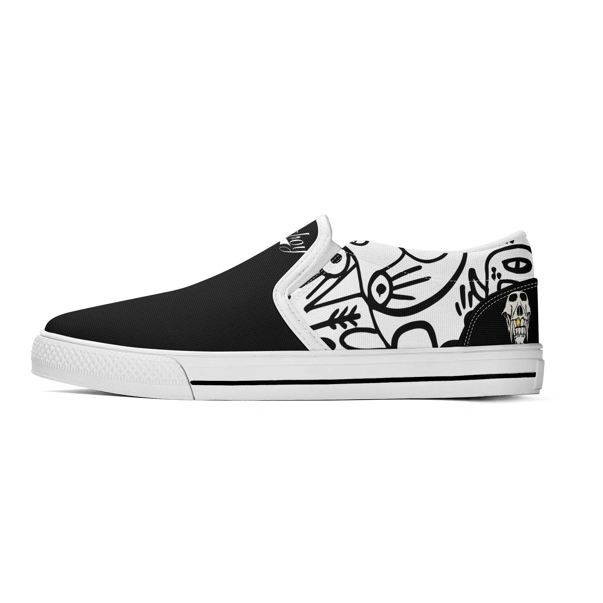 Slip ons in the spirit of the original skate shoe. The pattern is a tip of the cap to the gonz from rudeboy cycles 