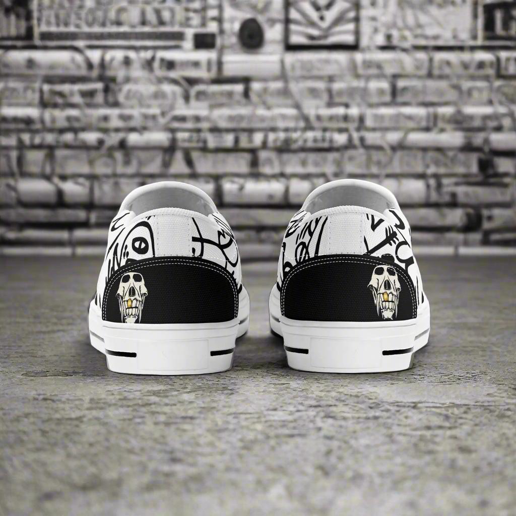 Slip ons in the spirit of the original skate shoe. The pattern is a tip of the cap to the gonz from rudeboy cycles 