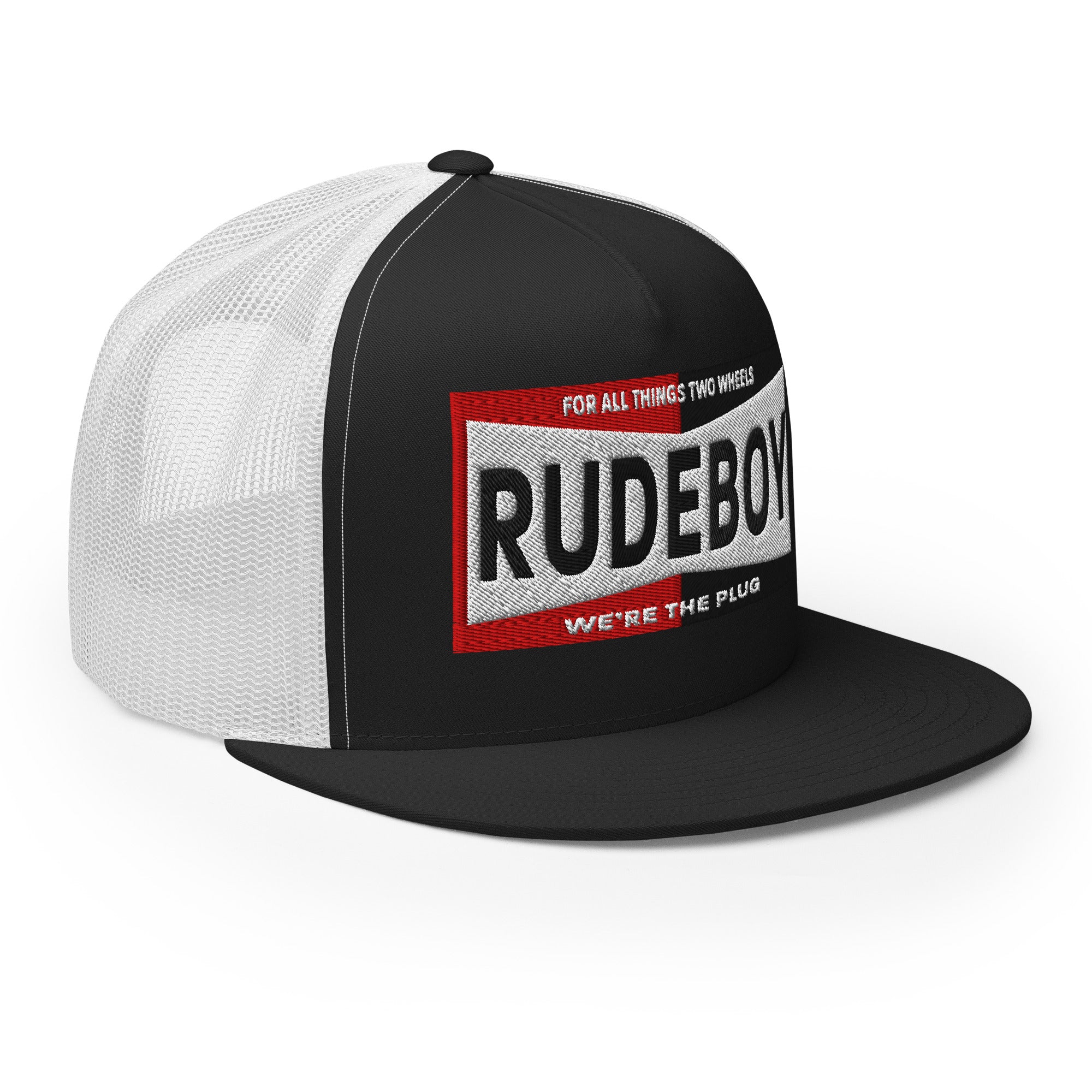 The plug flat brim trucker hat from Rudeboy Cycle’s Golden Era collection 