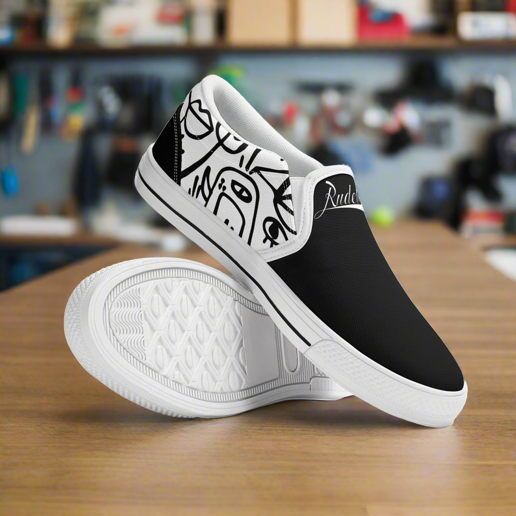 Slip ons in the spirit of the original skate shoe. The pattern is a tip of the cap to the gonz from rudeboy cycles 